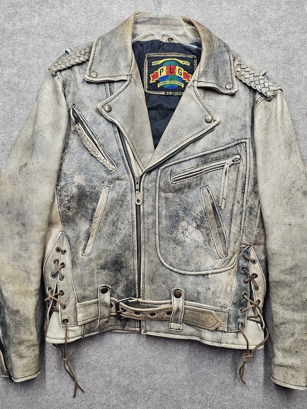 Vintage PLG Putnam Leather Gold Distressed Moto Biker Jacket Size 38 Lace Up